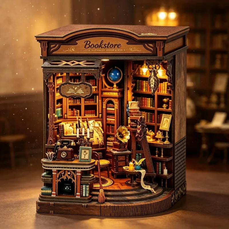 DIY Wooden Inchspace Bookstore Cottage Miniature Dollhouse 3D Puzzle Assembly Model Kits for Adults Birthday Gifts Home Decor