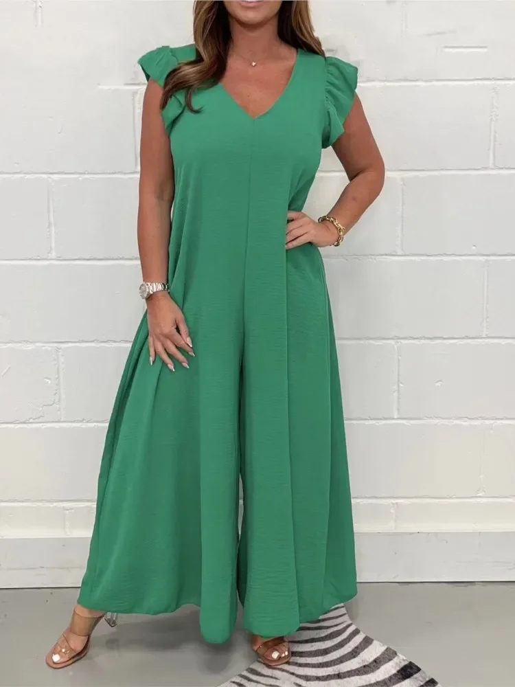 

Ruffled Wide-leg Trousers Solid Casual Jumpsuit For Women Elegant Work Clothes Summer Sleeveless V Neck Loose Jumpsuits Female