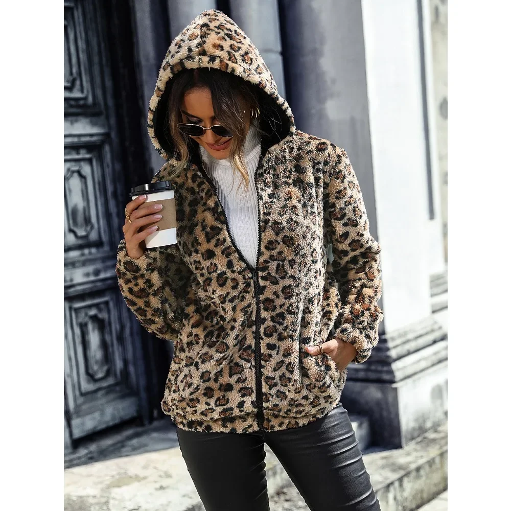 Autumn and Winter New Women\'s Fashionable Hooded Long Sleeved Leopard Print Medium Length Double-sided Plush Loose Casual Coat