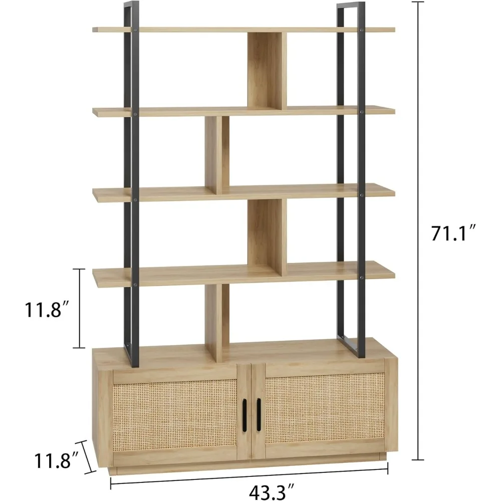 5 Tier Rattan Bookshelf with Storage Cabinet & Door, 71.1 Inch Tall Industrial Book Shelf with Open Display Shelves