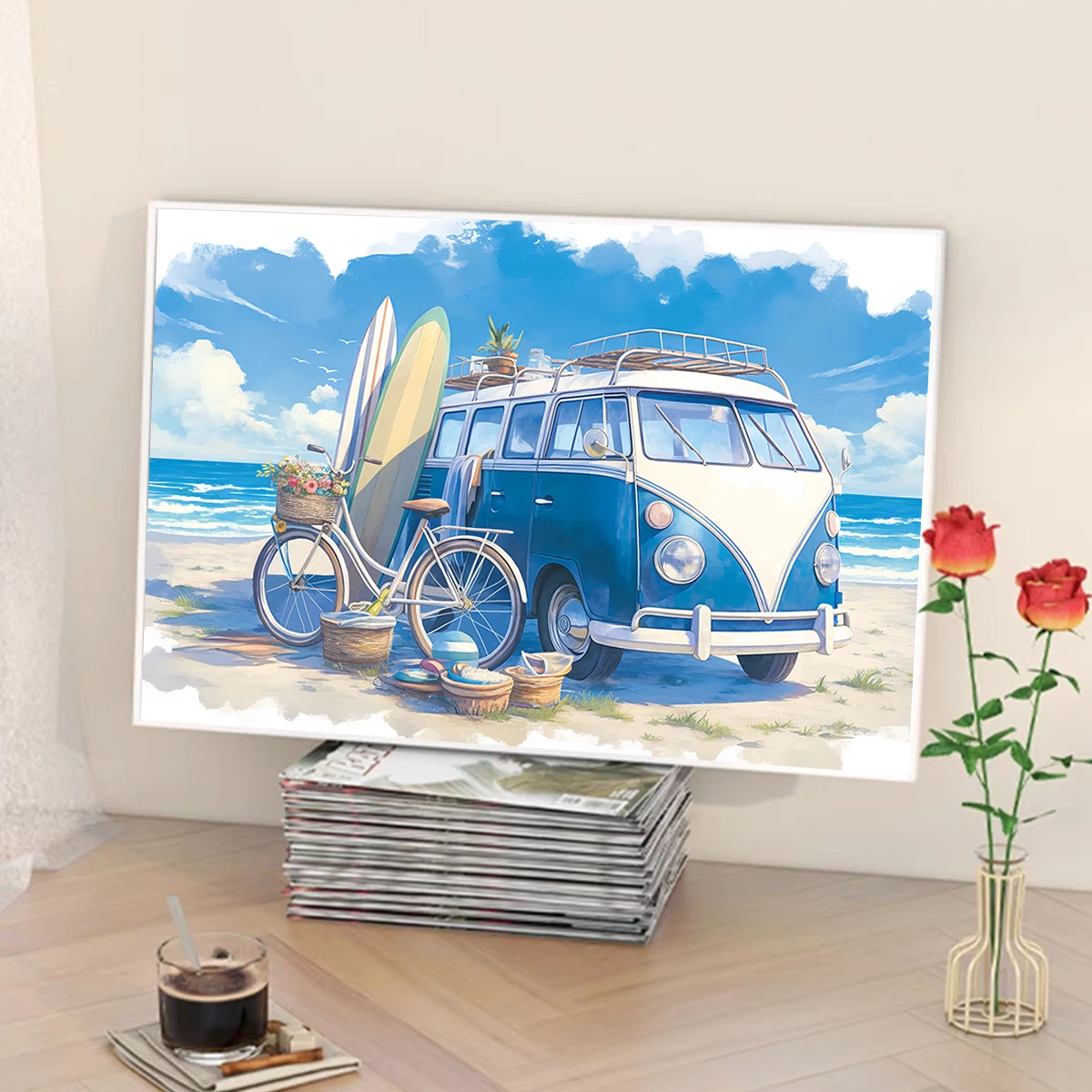 Abstract Cartoon Campervan Bicycle Canvas Prints Summer Blue Sky Skateboard Wall Art Poster for Living Room Bedroom & Home Decor