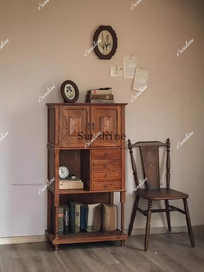 American nostalgic retro bookshelf bookcase medieval solid wood baffle shelf living room old chest cabinet locker side cabinet