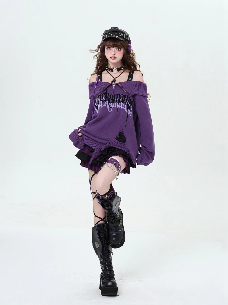 QWEEK Gothic Goth Harajuku Off Shoulder Oversize Sweater Grunge Design Sexy Letter Print Long Sleeve Black Pullovers 2024 Autumn