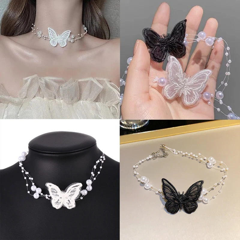 Elegant Multilayer Pearl Neck Chain Fashion Butterfly Necklace For Women Wedding Jewelry Accessries Gift