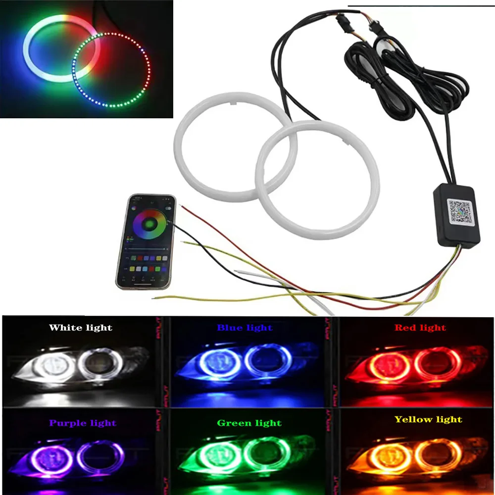 2 szt. LED RGB Angel Eye, światło do jazdy dziennej z kontrolą aplikacji wiele kolorów światła synchronizowane do muzyki. 60 MM-100 MM, D