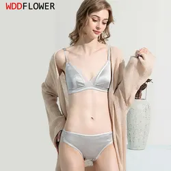 Women Silk Bra Set 93% Natural Silk 7% Spandex Thin Mold Cup Wire Free Bra With Panties Underwears Comfortable Intimates TA023