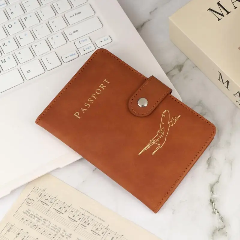 Lightweight PU Leather Passport Cover Airplane Embossed Snap Button Compact Travel Passport Holder for Family Trips