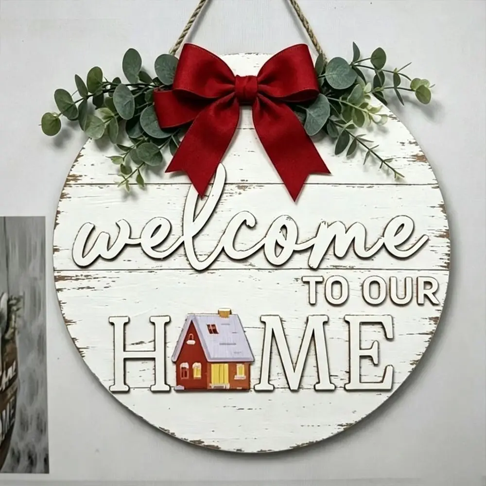 Durable 2D Flat Wooden Door Sign Floral Pattern Bow Pattern Door Wreath Solid Wood Wooden Welcome Sign Spring Summer Decor