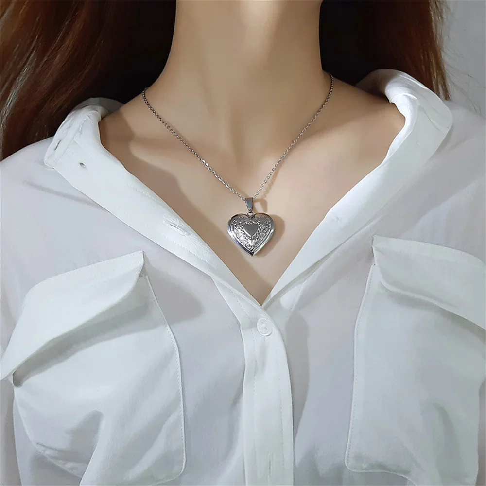 Romantic Heart Locket Pendant Openable Female Silver Color Stainless Steel Photo Frame Charm Necklace for Women Men Jewelry Gift image 2