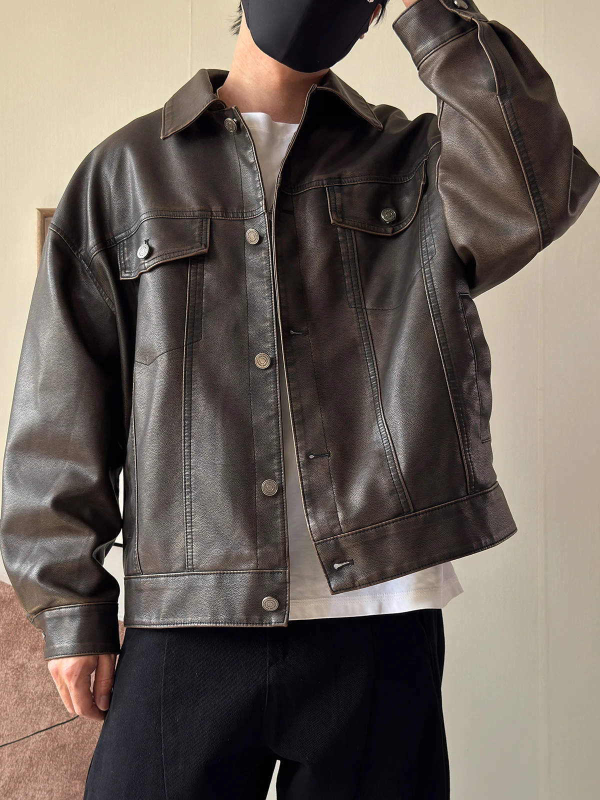 

American Sle Casual Collar Leather Jaet ort Workwear Biker Coat Men's Autumn Winter New Retro PU Leather Coat