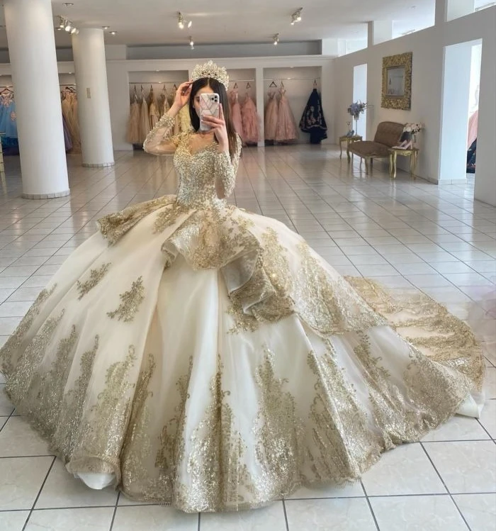 Champagner Prinzessin Quince anera Kleider Ballkleid lange Ärmel Tüll Applikationen süß 16 Kleider 15años Brauch