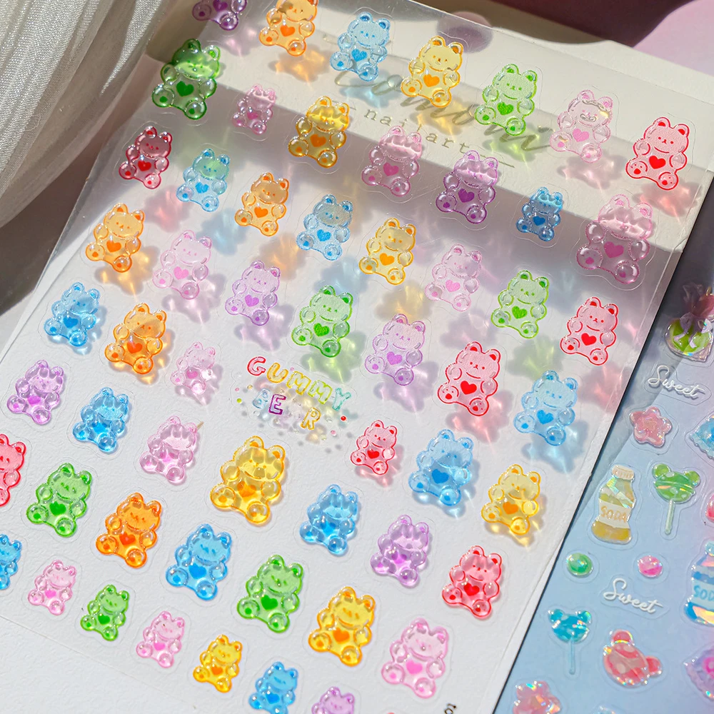 Kawaii Jelly Bear Nail Art 5D süße kuschelige Bär Nagelaufkleber Gummy Sweet Dopamin weiche selbstklebende Dekoration Maniküre Aufkleber