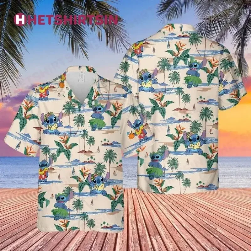 Stitch kemeja pantai Hawaii, kemeja Disney Hawaii berkancing Vintage Musim Panas Pria Wanita