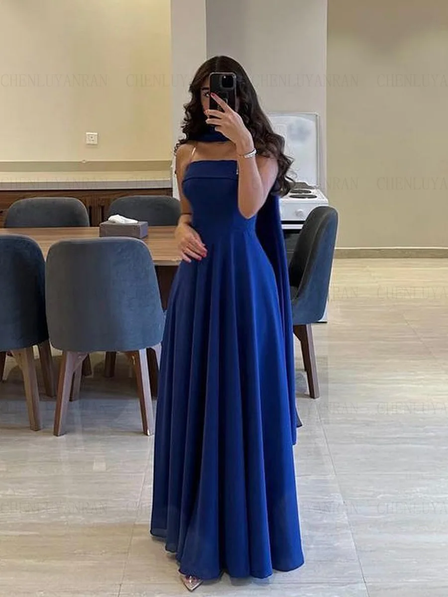 Blue Formal Occasion Dresses 2023 Strapless A-line Satin Ball Gowns Custom Made Long Sexy Evening Party Gowns فساتين الحفلات