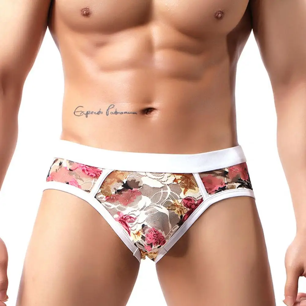 Men Briefs Lace Patchwork Men Underpants See-through Flower Applique Male Thong For Sleeping