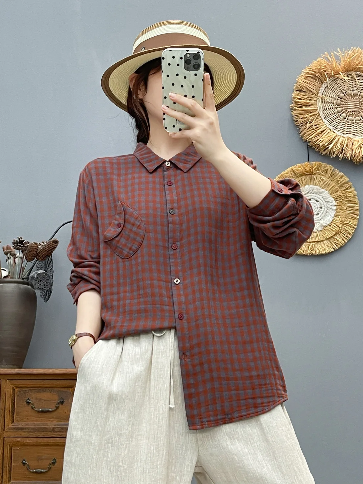 جديد 2025 قميص خريفي بأكمام طويلة من غزل القطن ، بلوزة فضفاضة متعددة الاستخدامات بياقة مقلوبة للنساء ، بلوزة موري جيرل للتنقل T59279CC