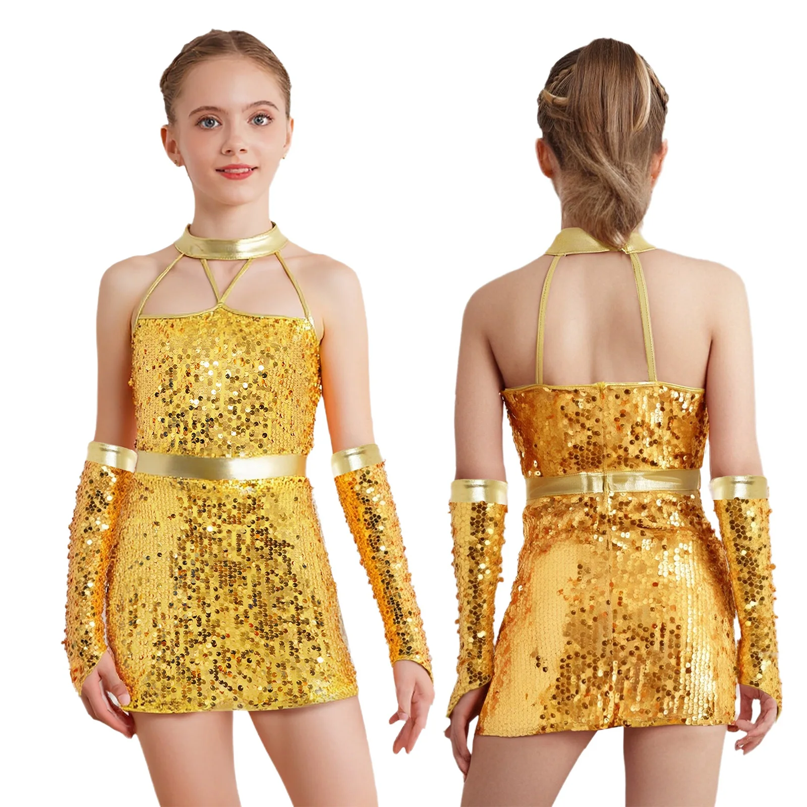 

Girls Jazz Dance Ballroom Performance Costume Halter Strappy Sleeveless Shiny Sequin Dress with Gloves for Pageant Party Ball