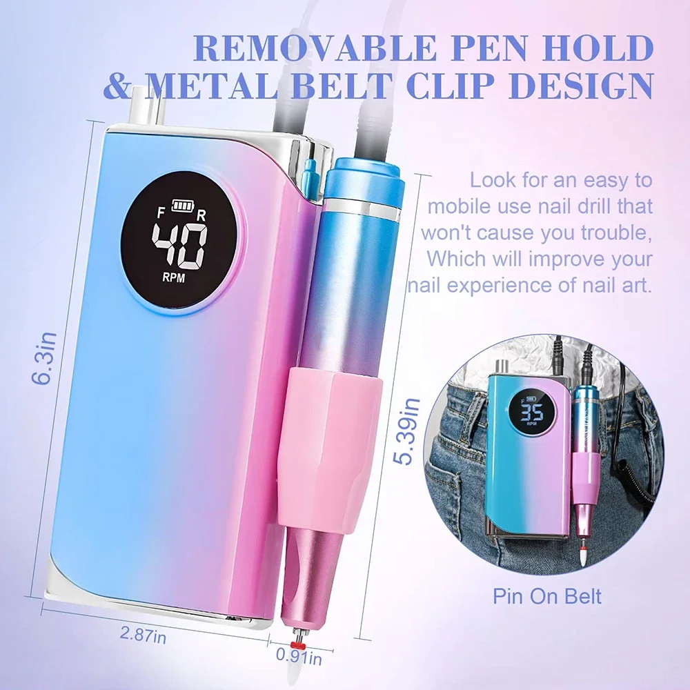 Portable Nail Drill Professional 40000 RPM,  Rechargeable Electric Nail File Machine  for Acrylic Nails Gel Polishing Removing