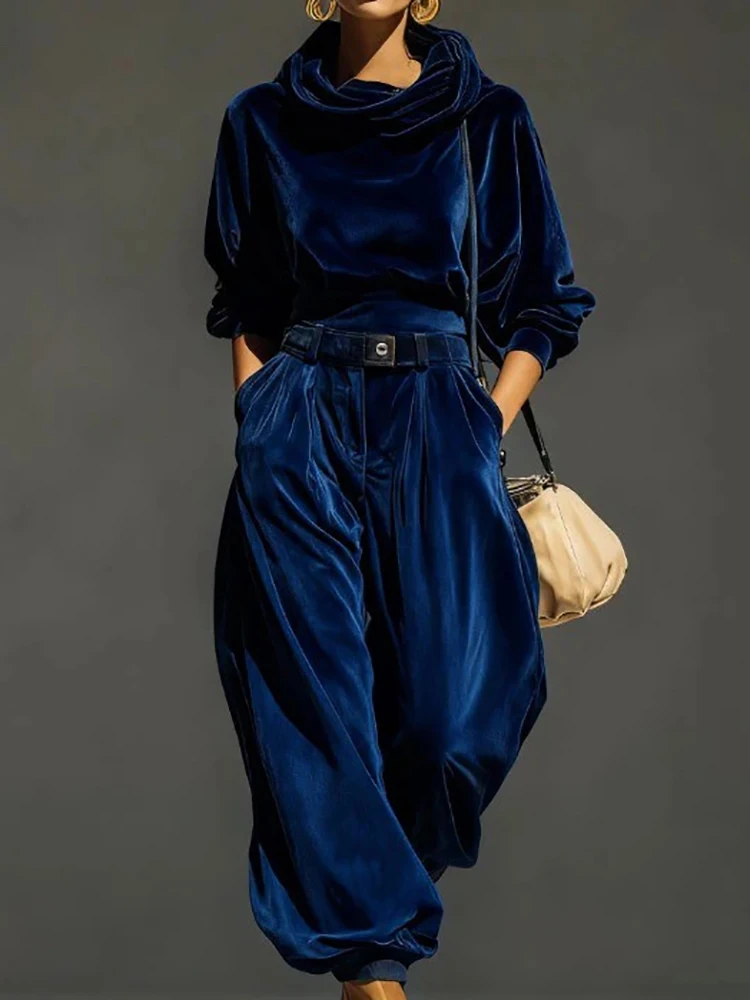 

Women's Solid Hooded Long Sleeve Pullover Top with Button Fly Pencil Pants Two-Piece Set Autumn Winter Fashion Streetwear Outfit