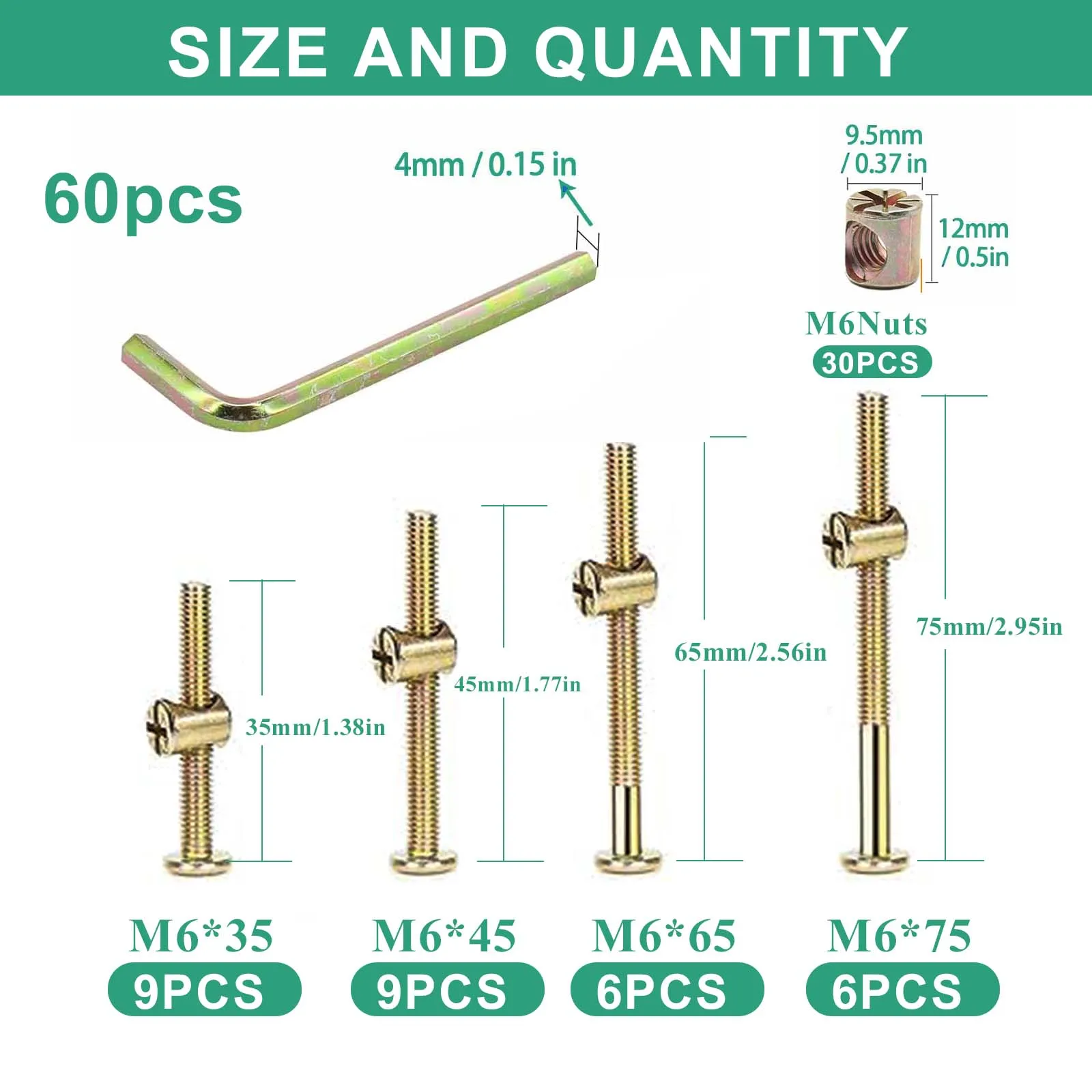 60Pcs Flat Head Hexagonal Socket Bolt Barrel Nuts Assortment Kit M6x35mm/45mm/65mm/75mm,Equipped With an Allen Wrench