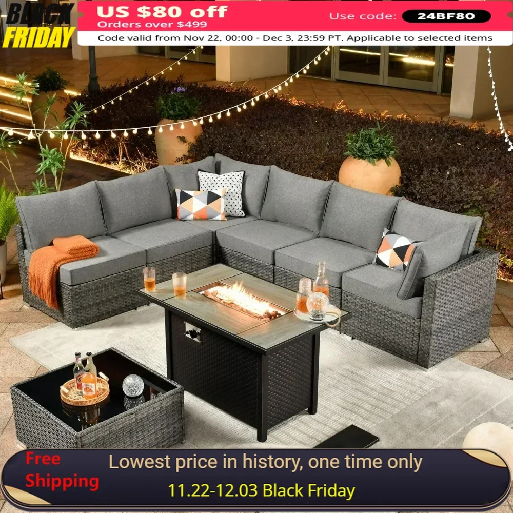 

8 Piece Patio Furniture Set with Fire Pit Table,Conversation Sectional Wicker Couch with Coffee Table for Balcony Backyard