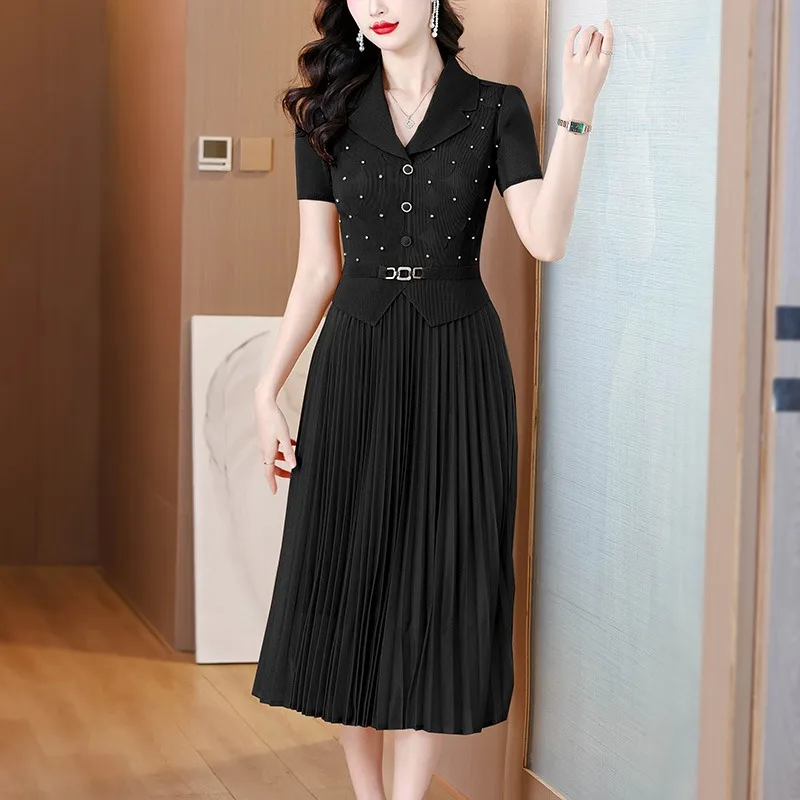 Rimpel lange jurk 2023 zomer nieuwe pak kraag zware bloem losse elegante socialite stijl taille cinched plooirok Frans