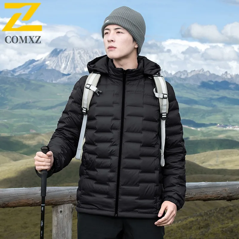 سترة COMXZ الفاخرة للرجال بغطاء للرأس لتسلق الجبال في الهواء الطلق، معطف منتفخ خفيف الوزن للتخييم، معطف شتوي مريح مقاوم للرياح