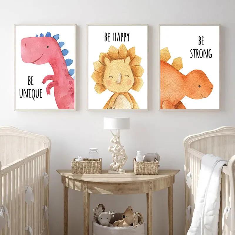 Modern Watercolor Dinosaur Style Inspirational Words Canvas Art Prints Cute Wall Decorative Poster for Nursery Kids Room