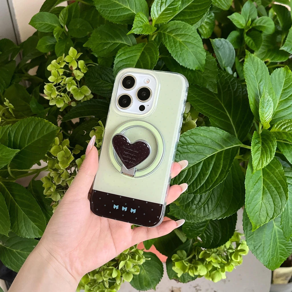 

ins Green Brown Splicing Wavelet Point Heart Fold Hollow Out With Holder Magnetic Phone Cover Case for IPhone 16 15 14 Pro Max