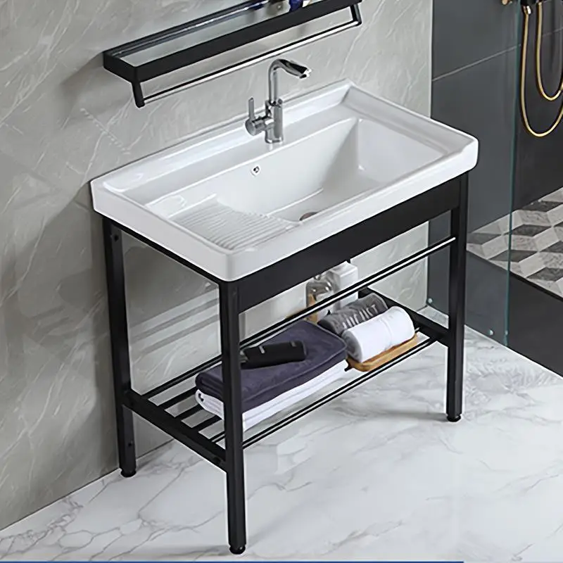 

Laundry Basin with Washboard Stainless Steel Floor-Standing Rack Outdoor Laundry Tub Ceramic Laundry Tub Integrated