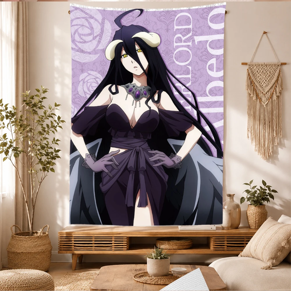 A-Albedo Overlord Tapestry Wall Hanging Light Anime Demon Girl Black Wings Purple Gown Bedroom Dorm Home Decor Fans Gift