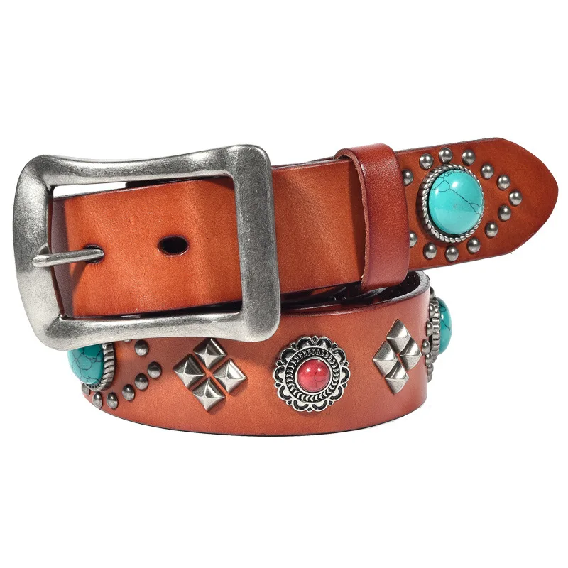 أزياء الرجال بانك الهيب هوب المسامير أحزمة جولة حجر الراين رصع حزام أسود بني جلد أصلي حزام المرأة مصمم المقود #5