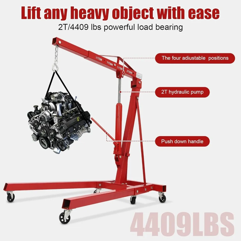 Engine Hoist, 2 Ton Engine Hoist, Folding hydraulic crane lift, Heavy-duty hydraulic engine crane with 6 casters