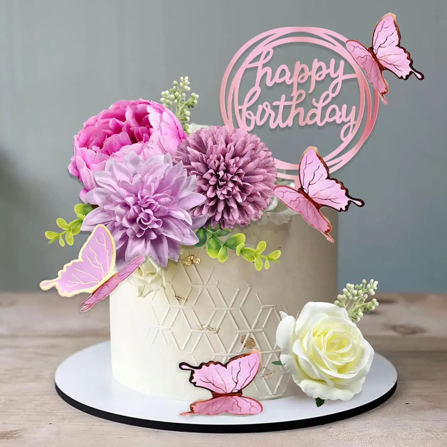 Flower Cake Toppers with Butterfly Happy Birthday and Artificial  Rose Flowers Eucalyptus Butterflies for Birthday Wedding