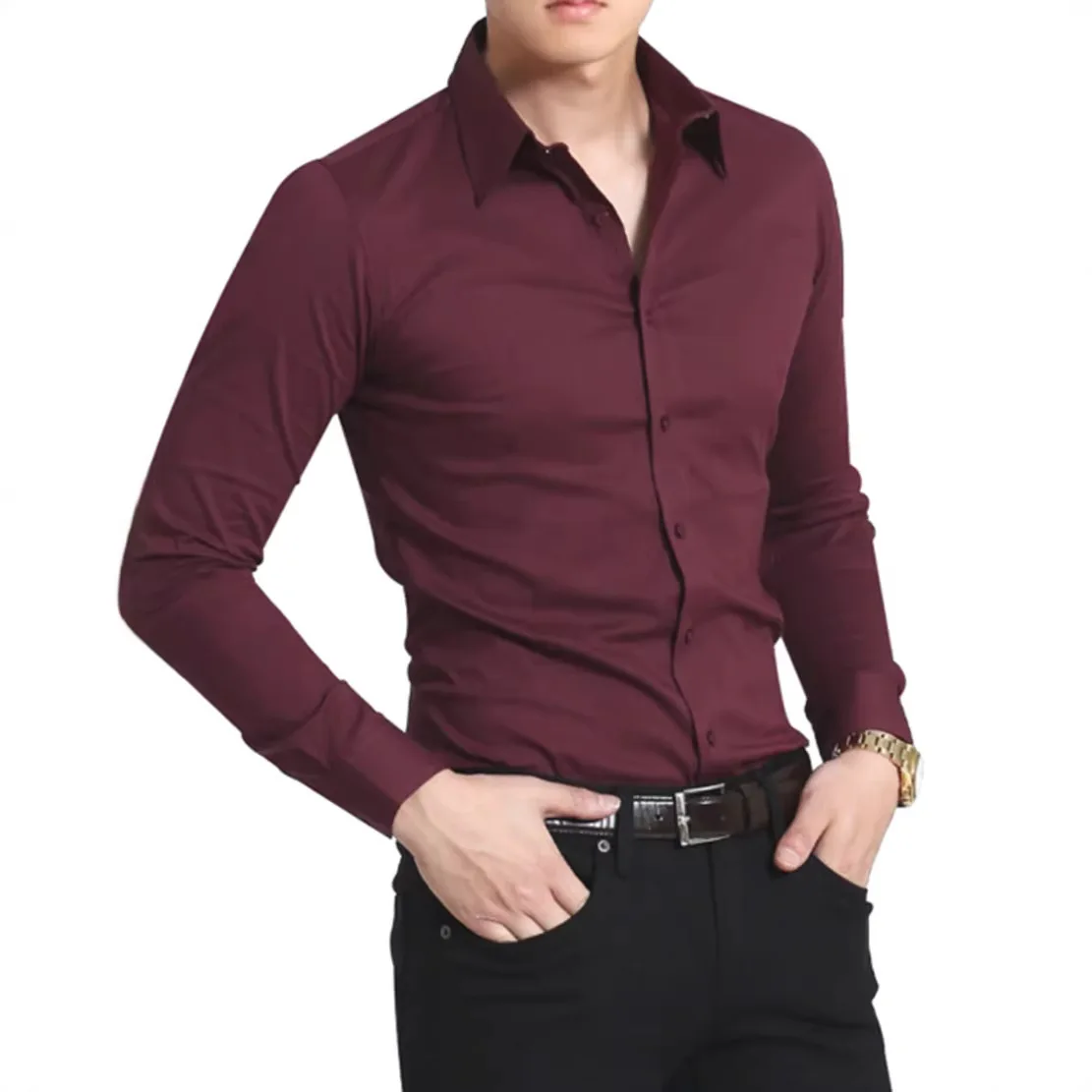Wine Red Wrinkle-Free Slim Long Sleeve Shirt Men's Business Formal Casual Top