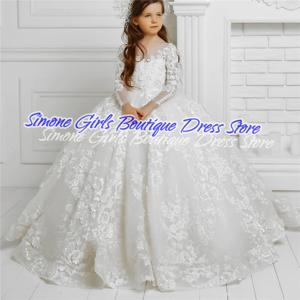 Flower Girl Dress Bows Children Long Sleeve For Weddings Party Princess First Holy Communion Dress Formal Tulle Ball Gown image 3