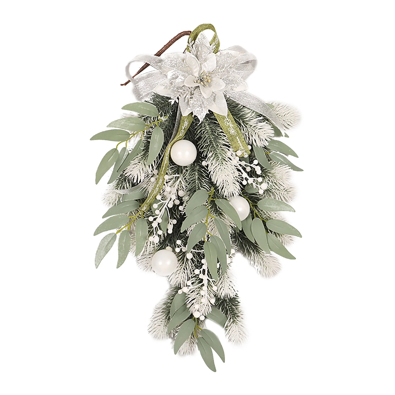 

Artificial Christmas Flower Upside Down Tree Wreath White Flowers Green Leaves Garland Door Wall Hanging Decoration Xmas Supply