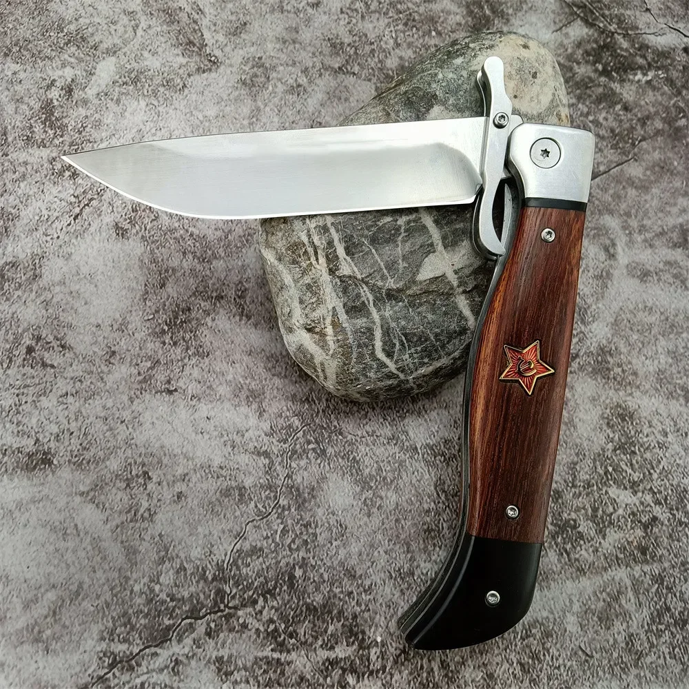 Russian Style NKVD 440c Blade Wood Handle Folding Pocket Knife with Leather Sheath Survival Tactical Military EDC Tool Gift