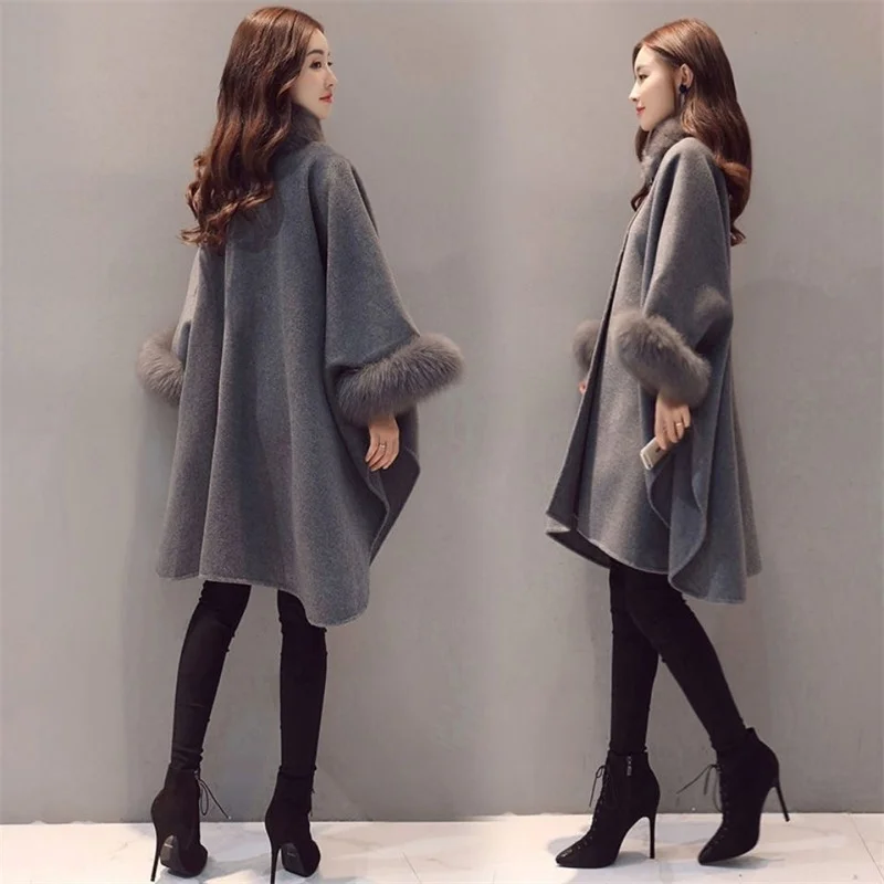 2024 Herfst Winter Nieuwe Mode Vrouwen Lange Imitatie Vos Bontkraag Wollen Jas Cape Cape Hepburn Stijl Wollen Plus-size Top