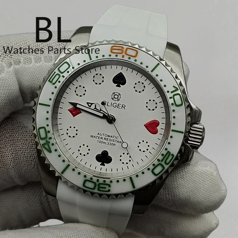 BLIGER 40mm Rubber Strap Watch For Men NH35 Automatic Movement With Poker Pattern Dial Green Luminous Sapphire Glass White Bezel