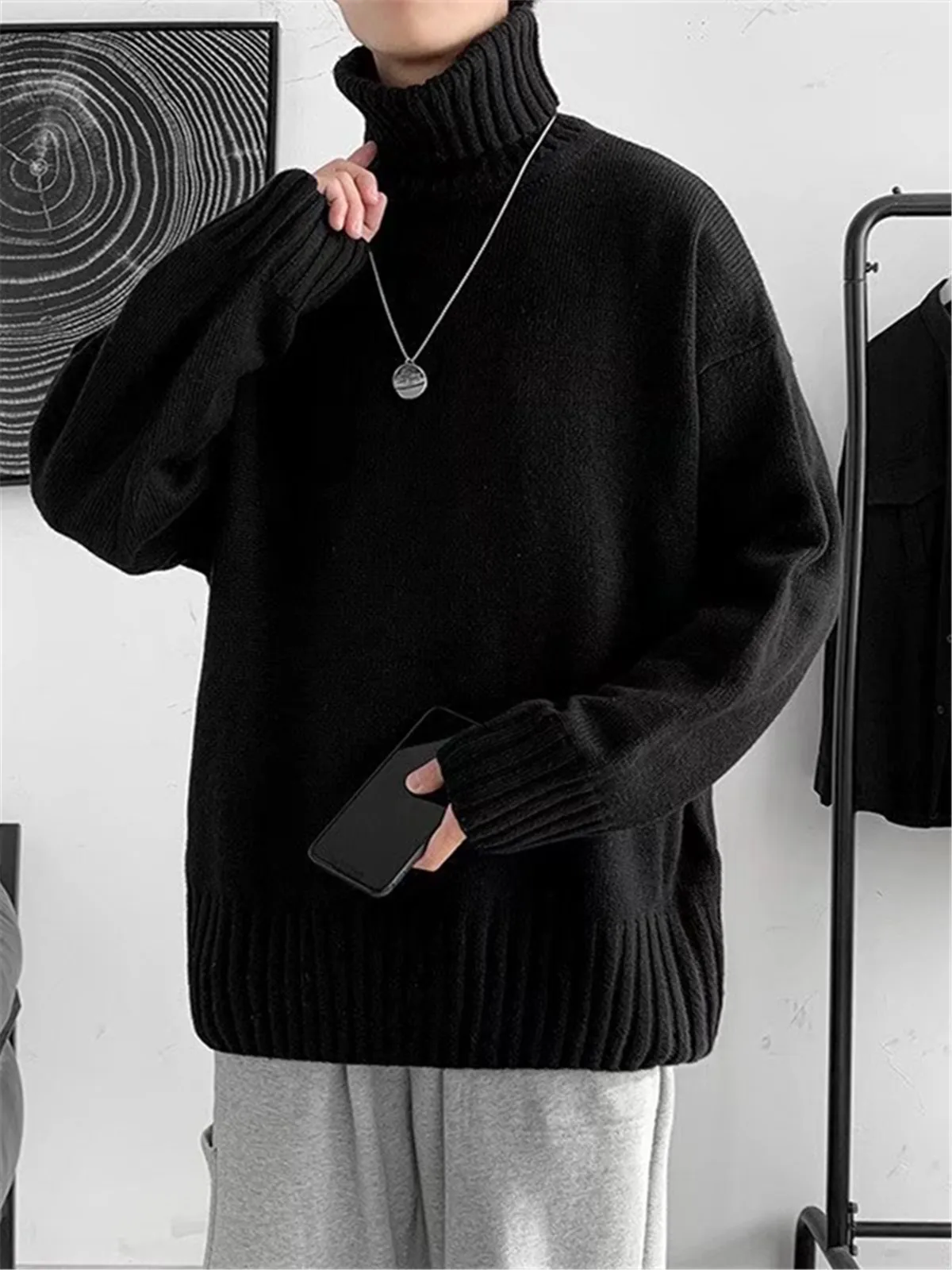 

Loose Men's High Collar Sweater Korean Sle Inner Wear Base Layer Knitted irt Hong Kong Sle Large Size Men's Sweater Coat
