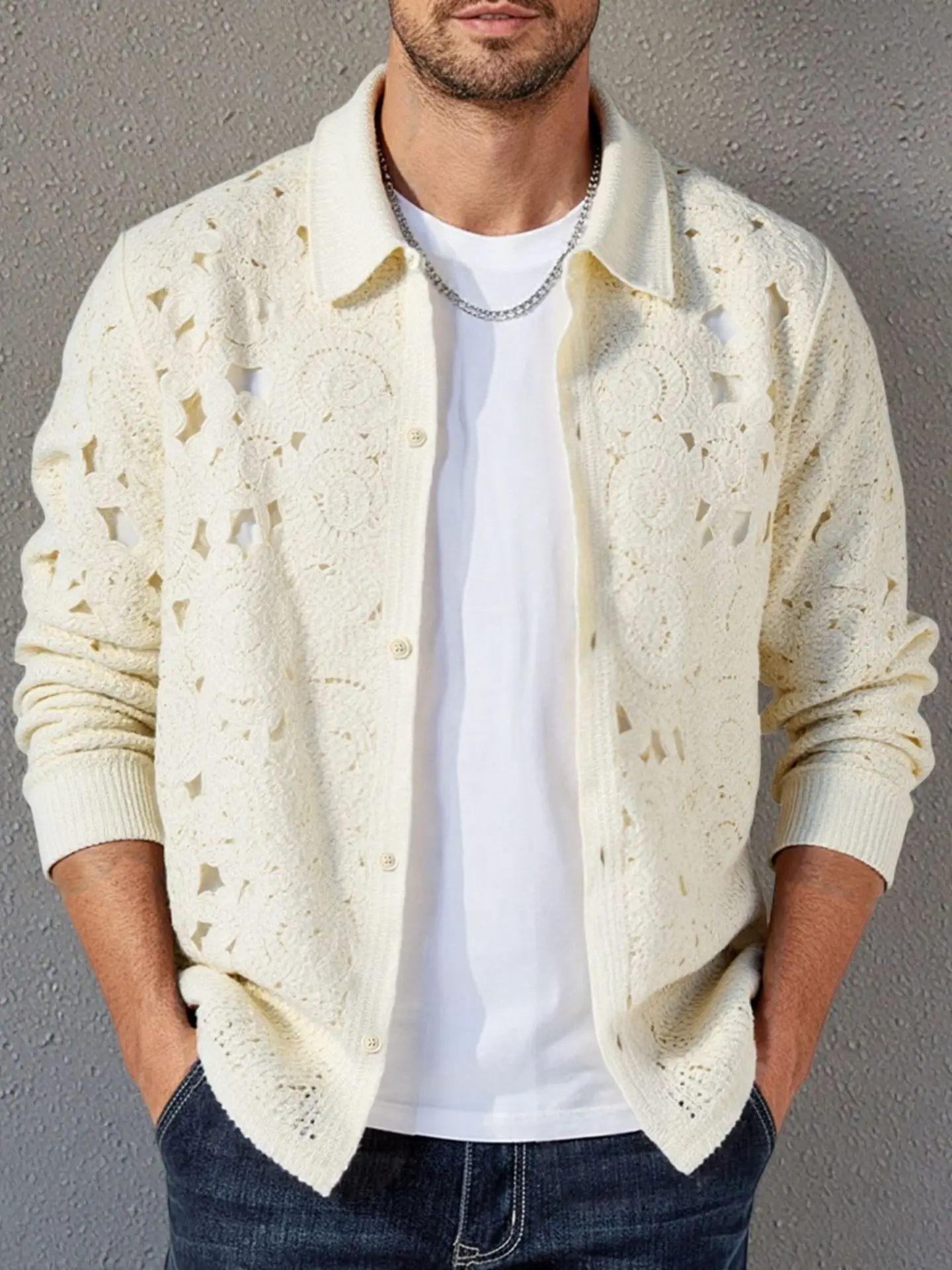 

Men's American Casual Long Sve Knitted Sweater Hollow out Design Polyester Fiber Outerwear Top Spring Autumn 2025