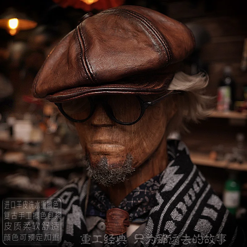 

Кожаная восьмиугольная кепка ручной работы, модная мужская кепка газетчика из овчины, берея, художника, почтальона, американская Ретро Кепка Amekaji