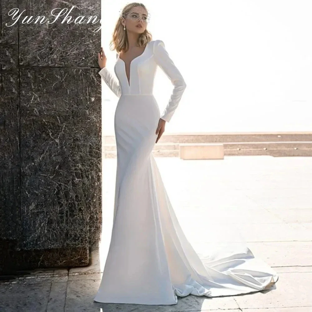 

Yunshang Elegant Mermaid Wedding Dress Women 2024 Long Sleeve V-Neck Open Back Crepe Bridal Gown Sweep Train Vestidos De Novia