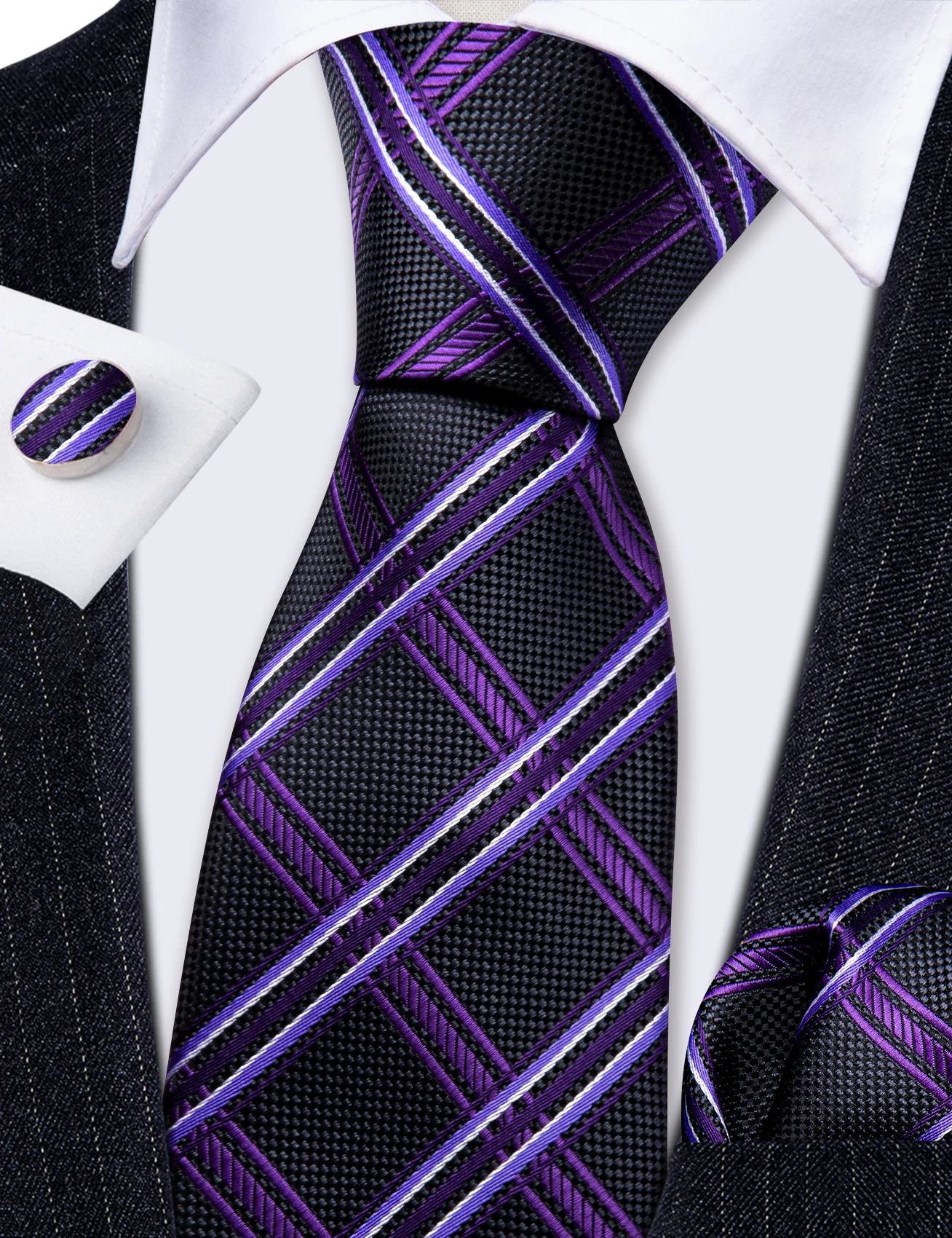 مصمم رجل التعادل الجاكار ربطة العنق جيب مربع أزرار أكمام مجموعة أسود أرجواني منقوشة للذكور الرجال الزفاف الأعمال العلاقات الطرف هدية