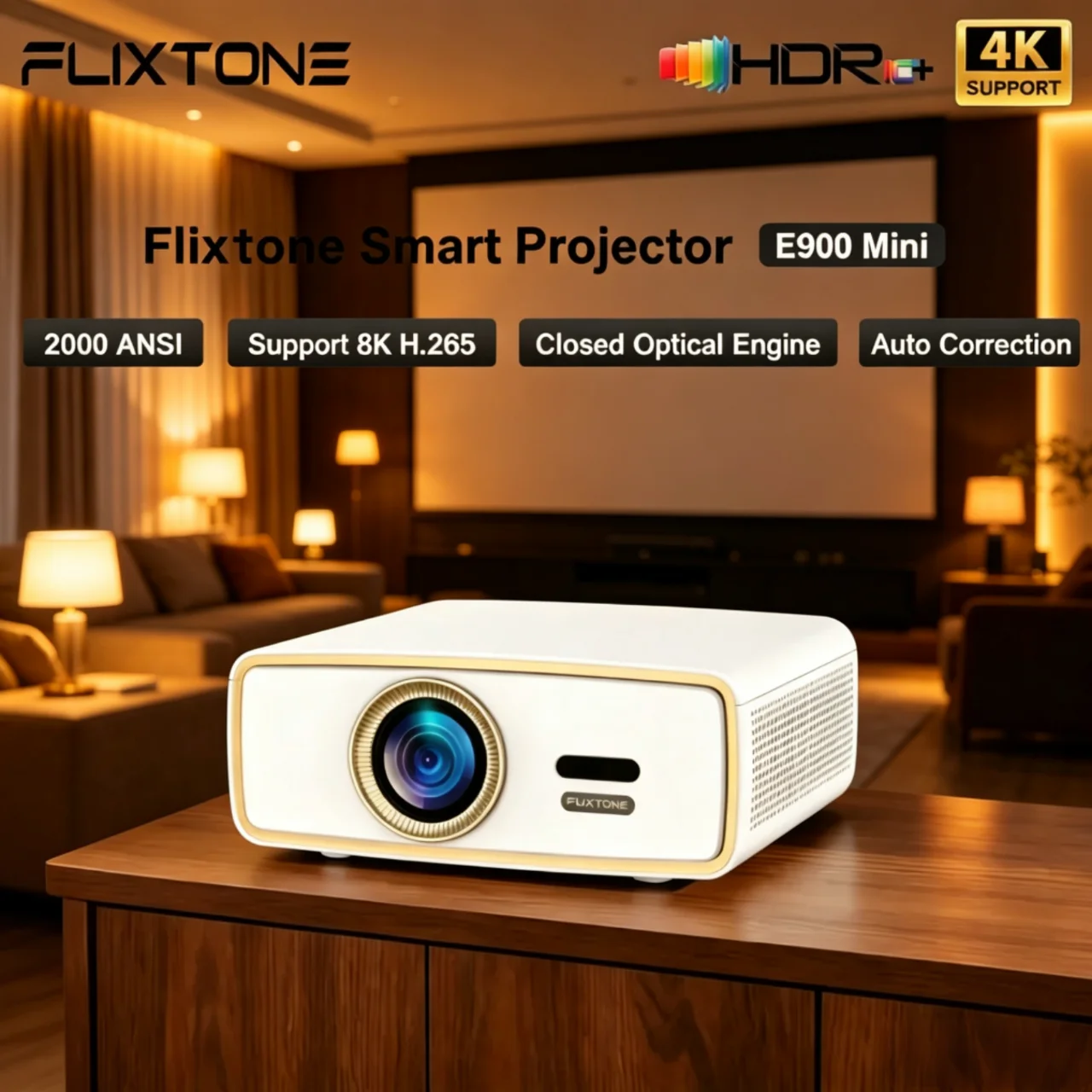 

Flixtone E900 Mini Projector Supports 4K Decoding, Mini Portable Android Smart TV with HDR10 Home Theater Suitable for Camping