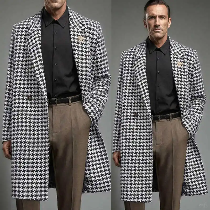 

Шерстяное пальто с узором «гусиные лапки», мужская двубортная зимняя длинная куртка по индивидуальному заказу, умная повседневная модная теплая куртка с карманами