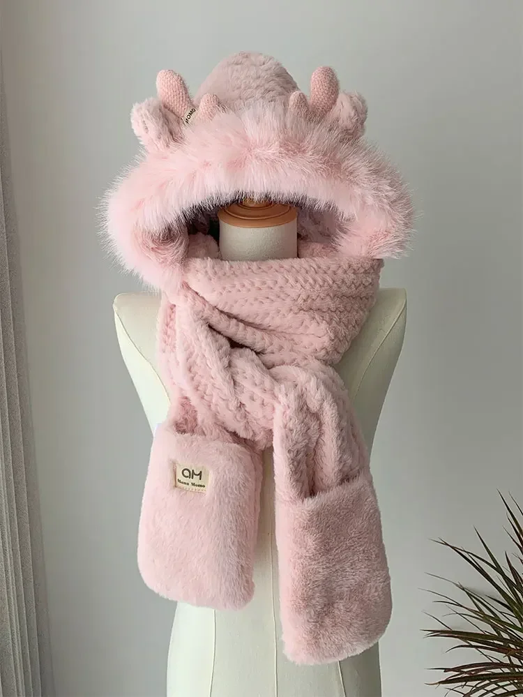 Fashion Elk Antlers Plush Hat Scarf Gloves Women's Winter Ear Protector Thickened Lei Feng Hat Cycling Ski Cap Wind Proof