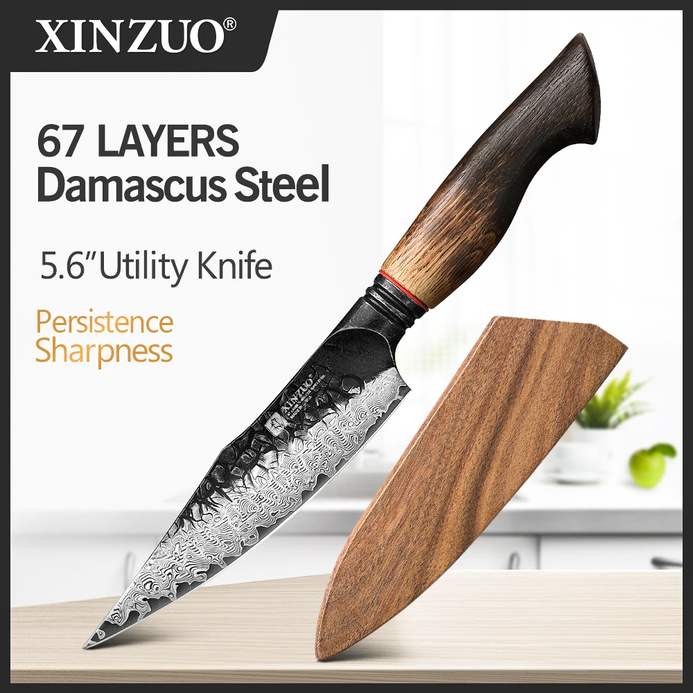 Кованый нож XINZUO, 5,6 дюйма, универсальный нож, 67-слойная дамасская сталь, белый дуб + красный, ручка G10, профессиональная кухонная утварь