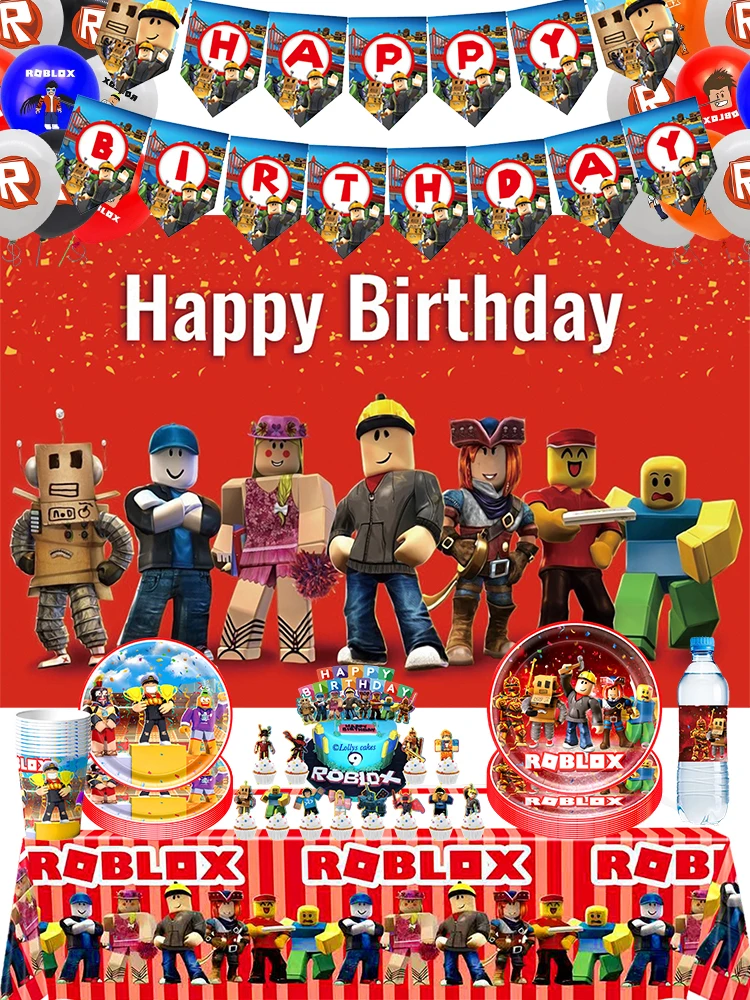 Roblox – décorations à thème de fête d'anniversaire, affiche de gâteau, ballon, bloc-notes, bannière, assiettes, tasses, toile de fond pour fourniture de réception-cadeau pour bébé